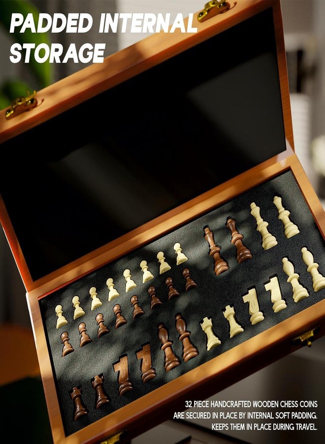 KNK Premium Handcrafted Wooden Chess Board Set | Foldable 15x15 Inches | Anti-Scratch Surface & Padded Storage | 32 Wooden Chess Pieces | Classic Game for Adults & Kids | Travel Friendly - Brown - Image 4